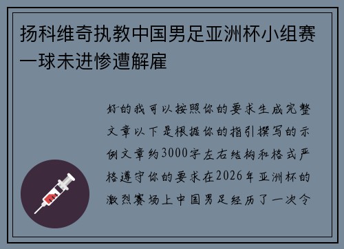 扬科维奇执教中国男足亚洲杯小组赛一球未进惨遭解雇