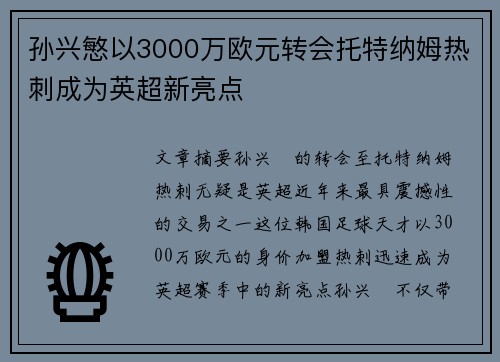孙兴慜以3000万欧元转会托特纳姆热刺成为英超新亮点